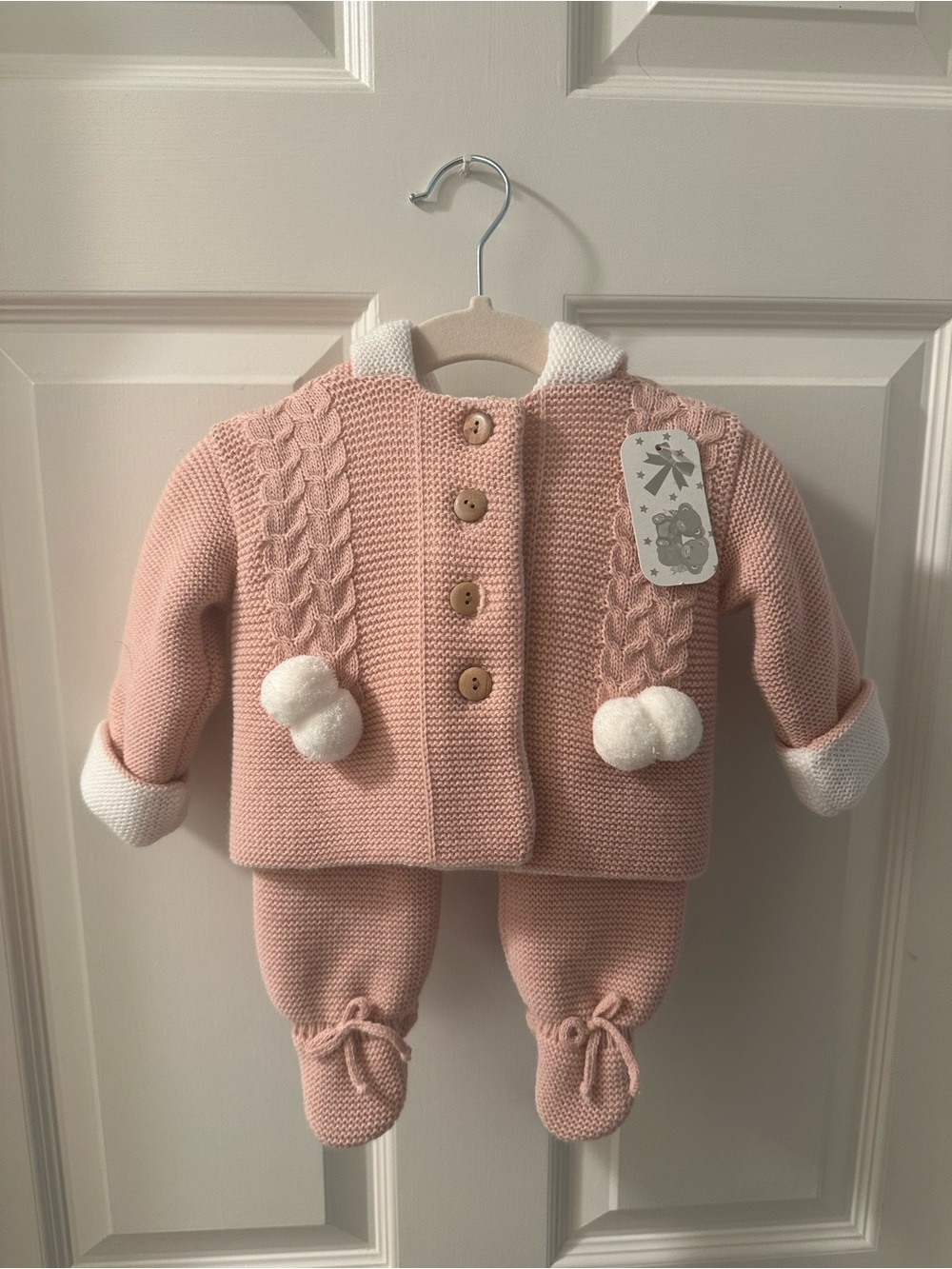 Pink Knit Baby Set with Pom Pom Details